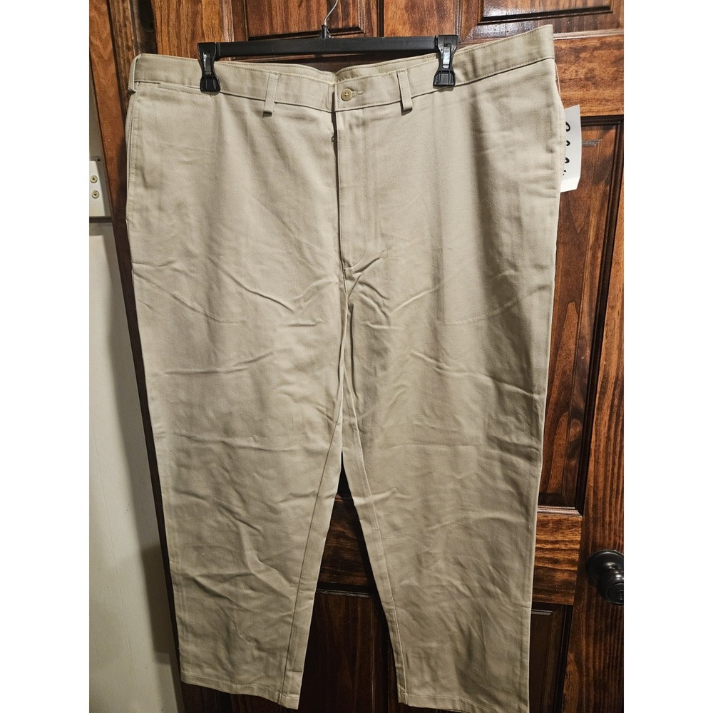 Cabelas Men Wrinkle Free Chinos 46x30 Khaki Flat Front Cotton Twill Pants NWT